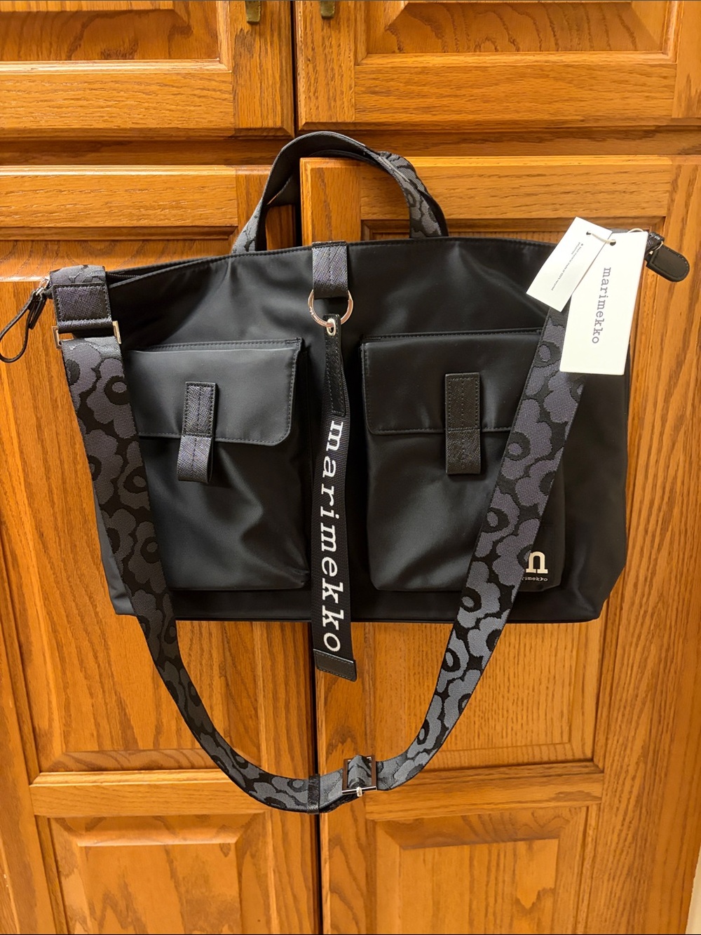 Marimekko Black Nylon Everything Messenger with Printed Strap
